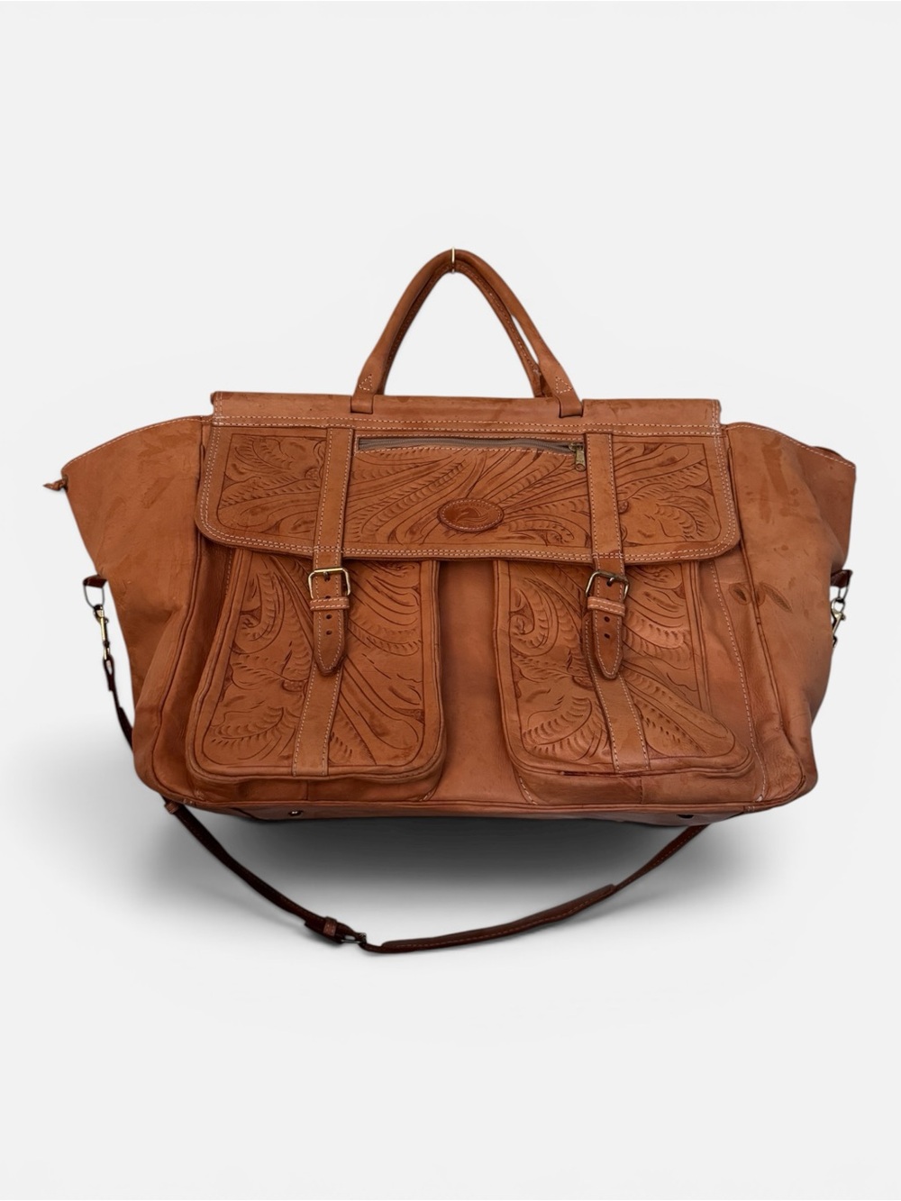 VTG Sergios Collection Genuine Leather Western Tooled Travel Bag Weekend Duffel